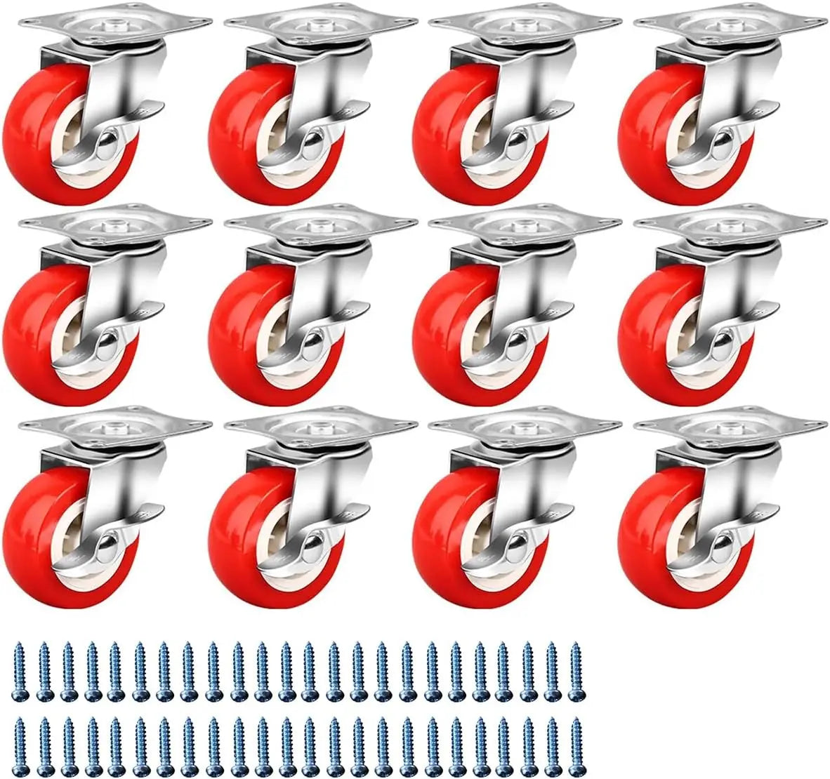 Twelve Red Swivel Caster Wheels with Screws