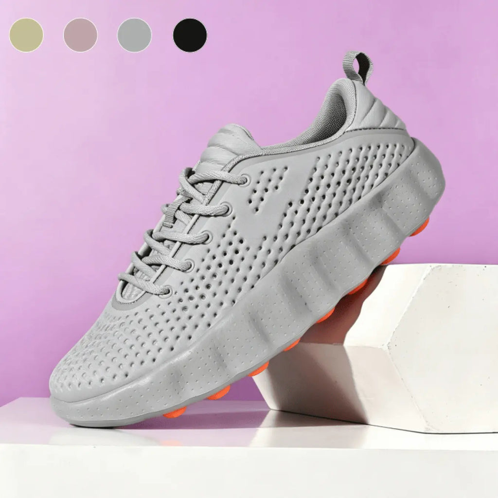 Black Mesh Running Sneakers with Chunky Orange-Studded Sole