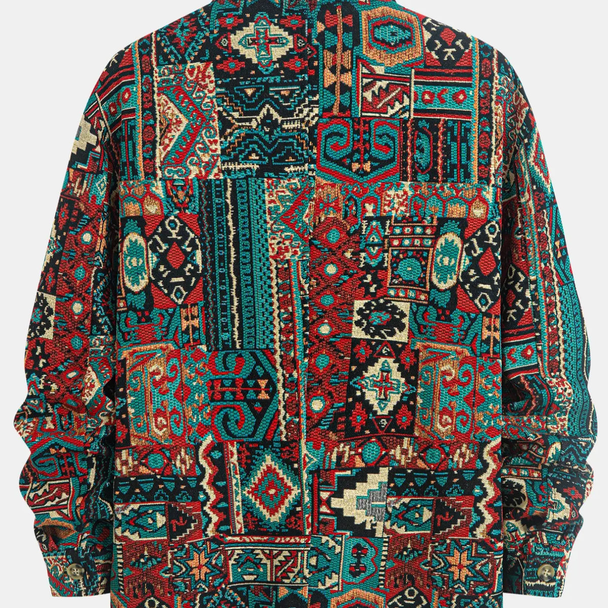 Teal and Red Patterned Woven Button Jacket