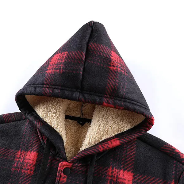 Red and Black Plaid Hooded Jacket with Fleece Lining