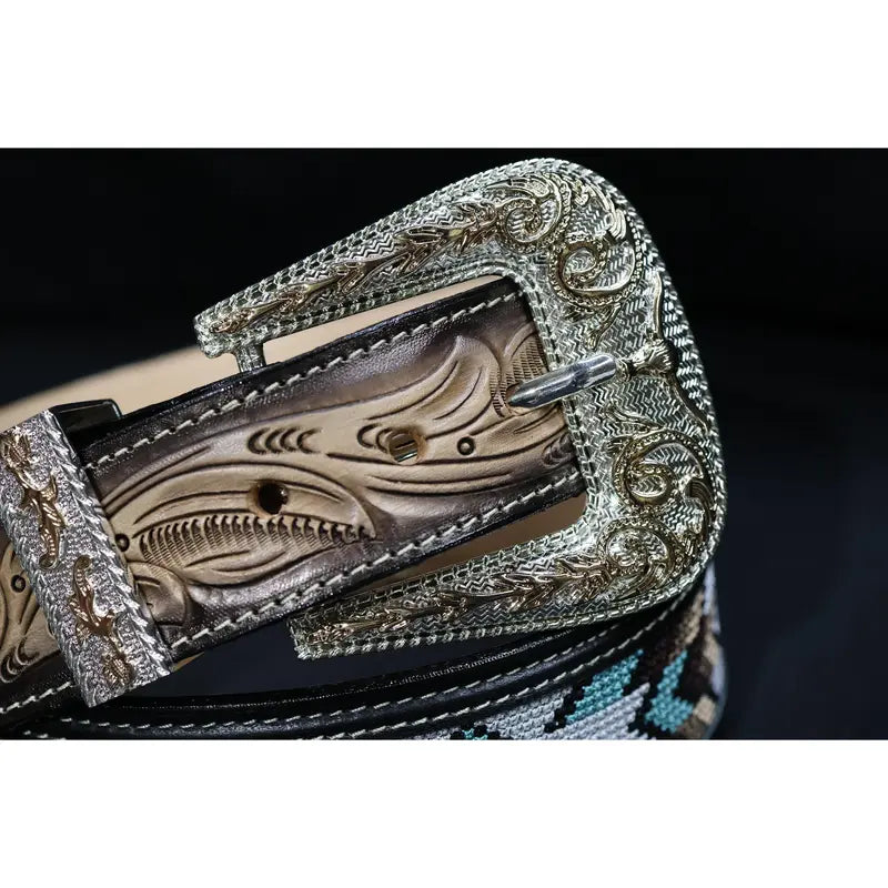 Black Leather Belt with Beaded Pattern Panel