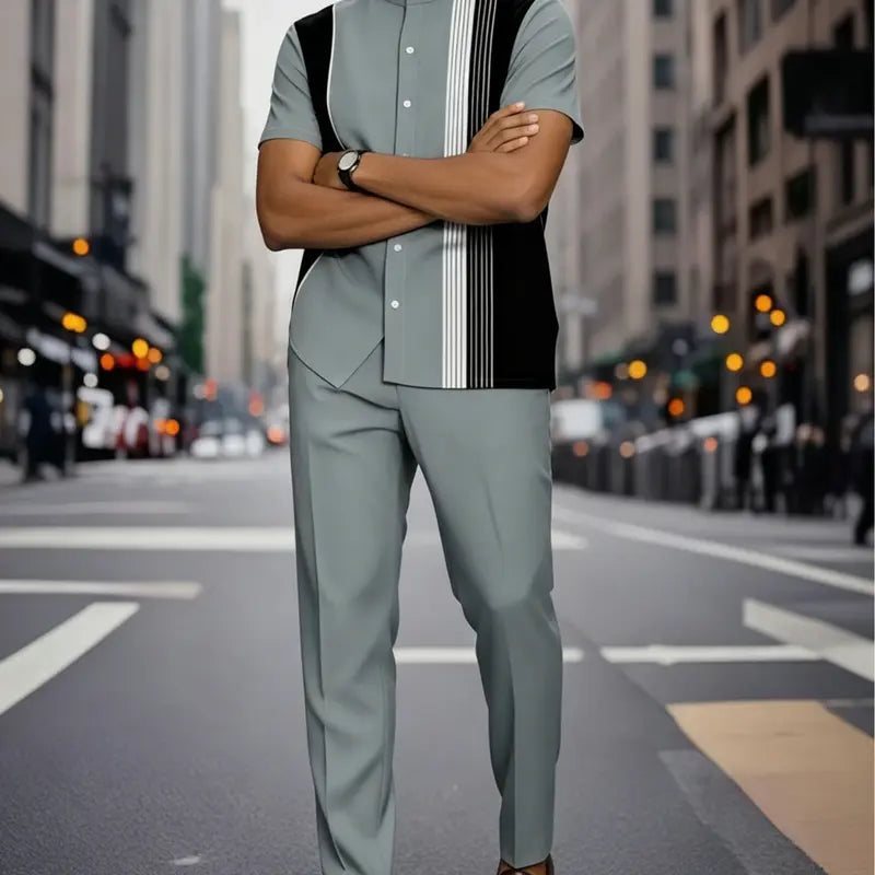 Men's Grey Two-Piece Set with Striped Panels