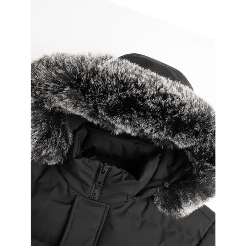 Black Long Padded Coat with Fur-Trim Hood