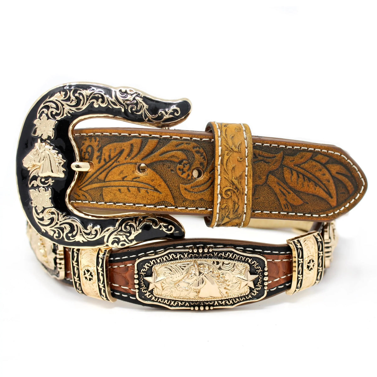 Tooled Leather Western Belt with Gold Conchos