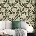 Dark Green Peony Print Peel-and-Stick Wallpaper Roll