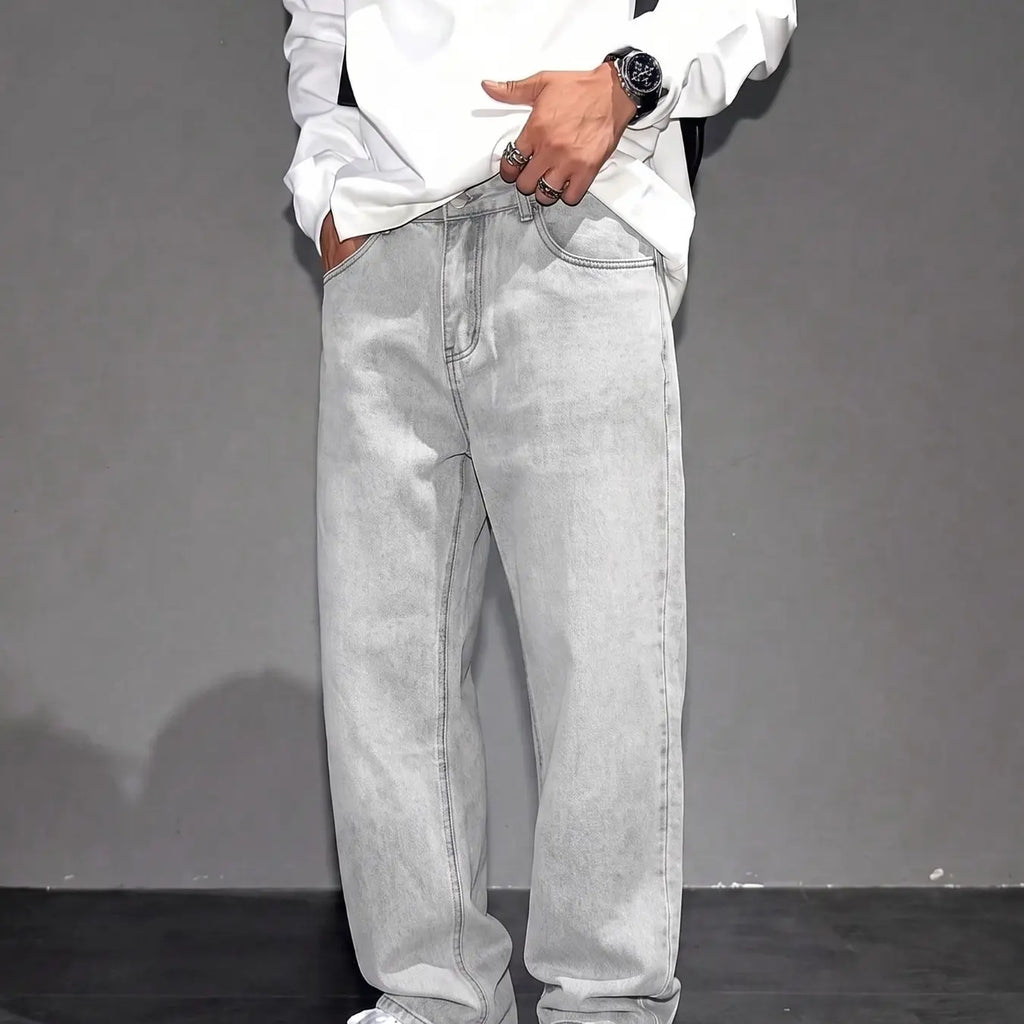 Washed Grey Baggy Straight Leg Denim Jeans
