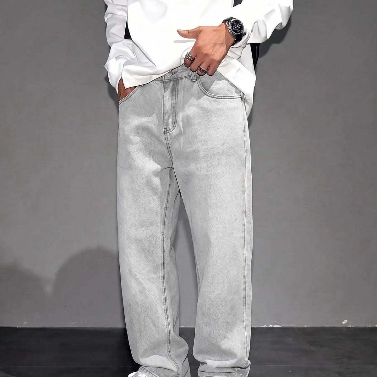 Washed Grey Baggy Straight Leg Denim Jeans