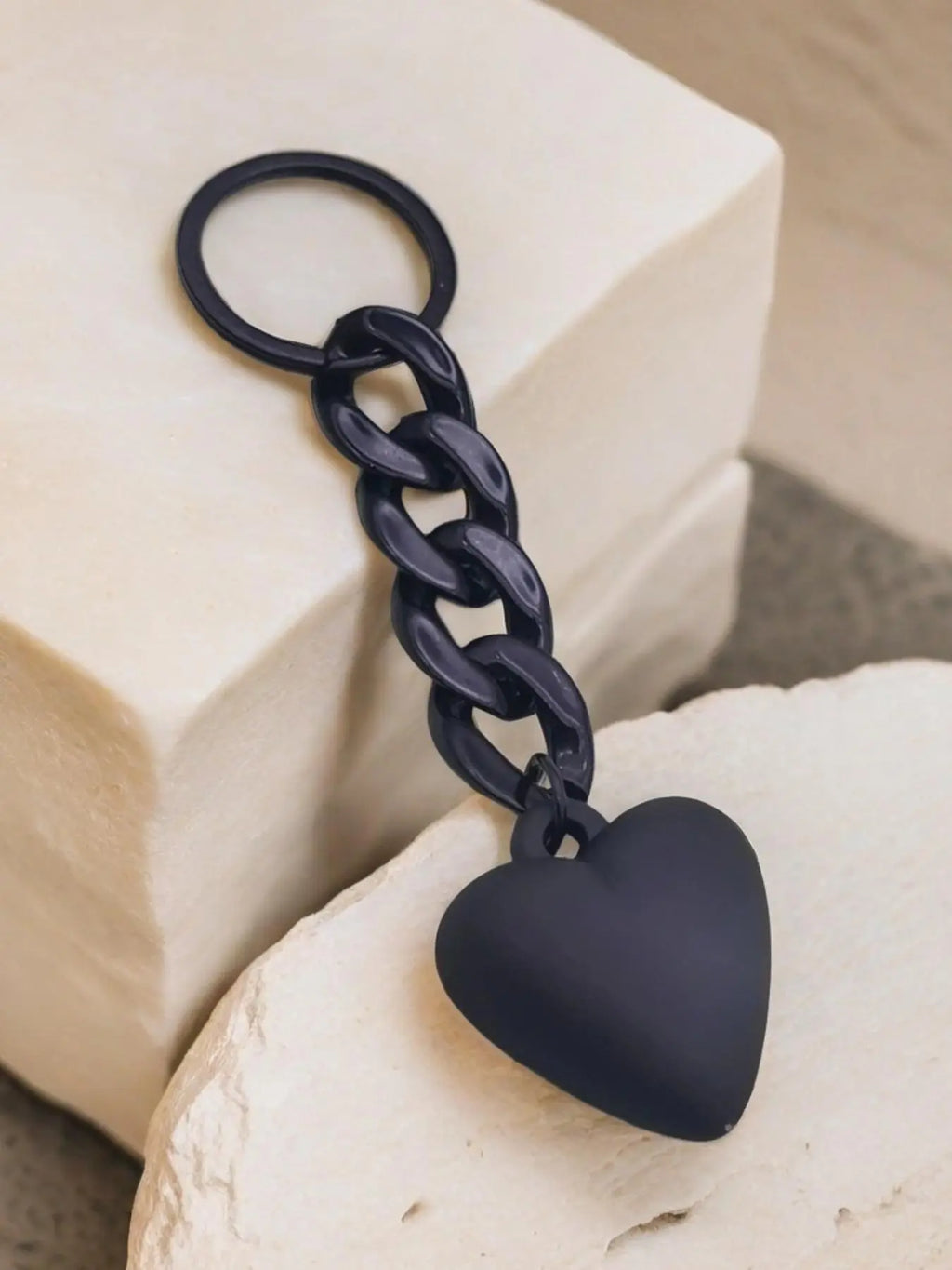 Matte Black Heart Charm Keychain with Chain