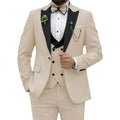 Beige Three-Piece Suit With Black Peak Lapels