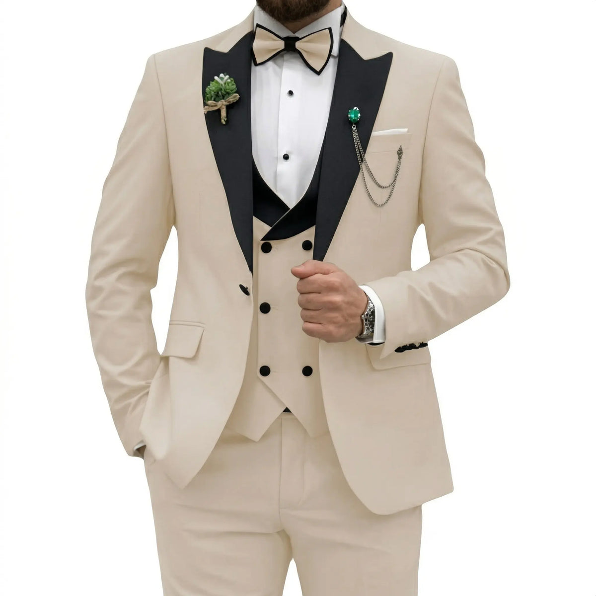 Beige Three-Piece Suit With Black Peak Lapels