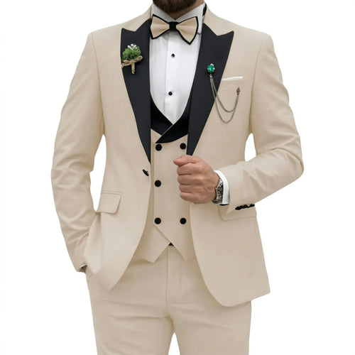 Beige Three-Piece Suit With Black Peak Lapels