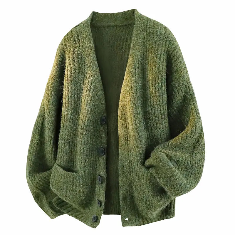 Olive Green Fuzzy Knit Button Cardigan with Pockets