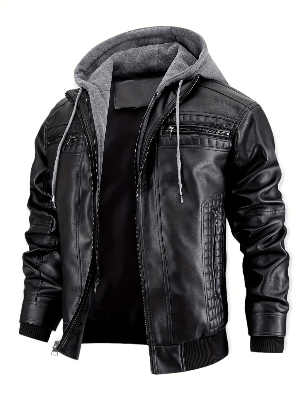 Black Faux Leather Jacket with Grey Hood