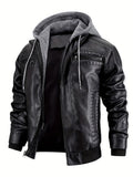 Black Faux Leather Jacket with Grey Hood