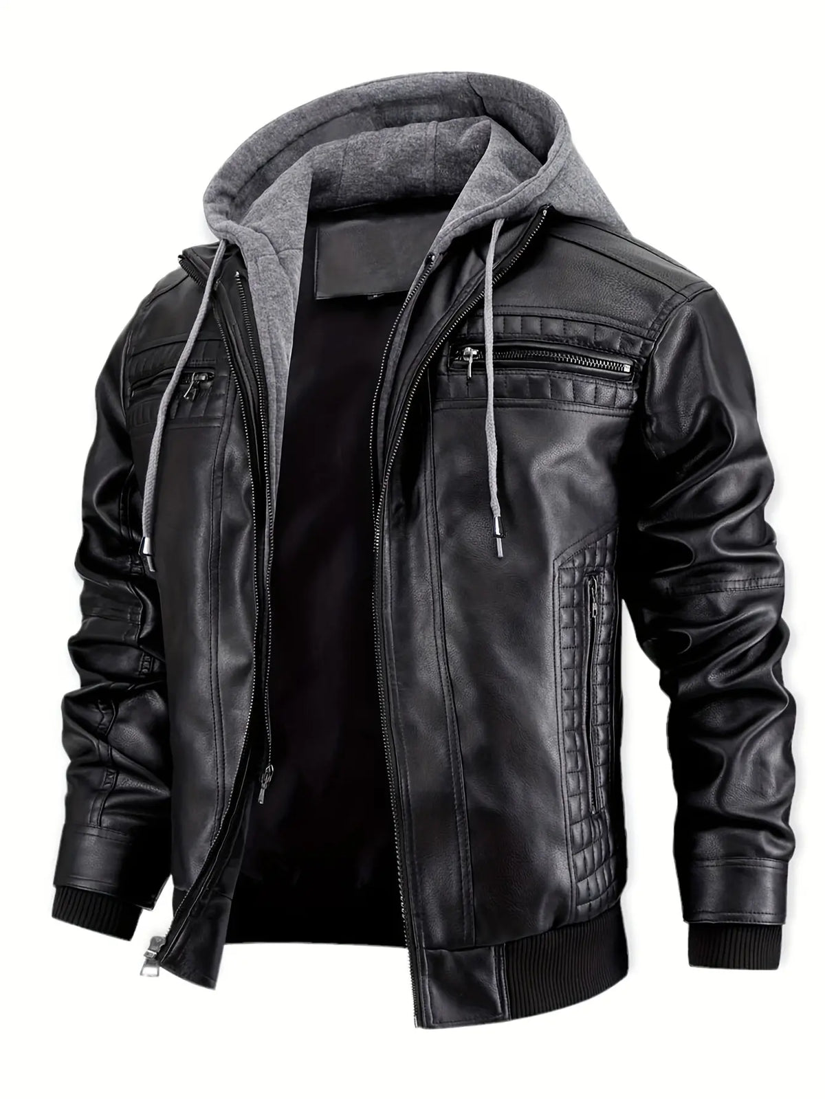 Black Faux Leather Jacket with Grey Hood