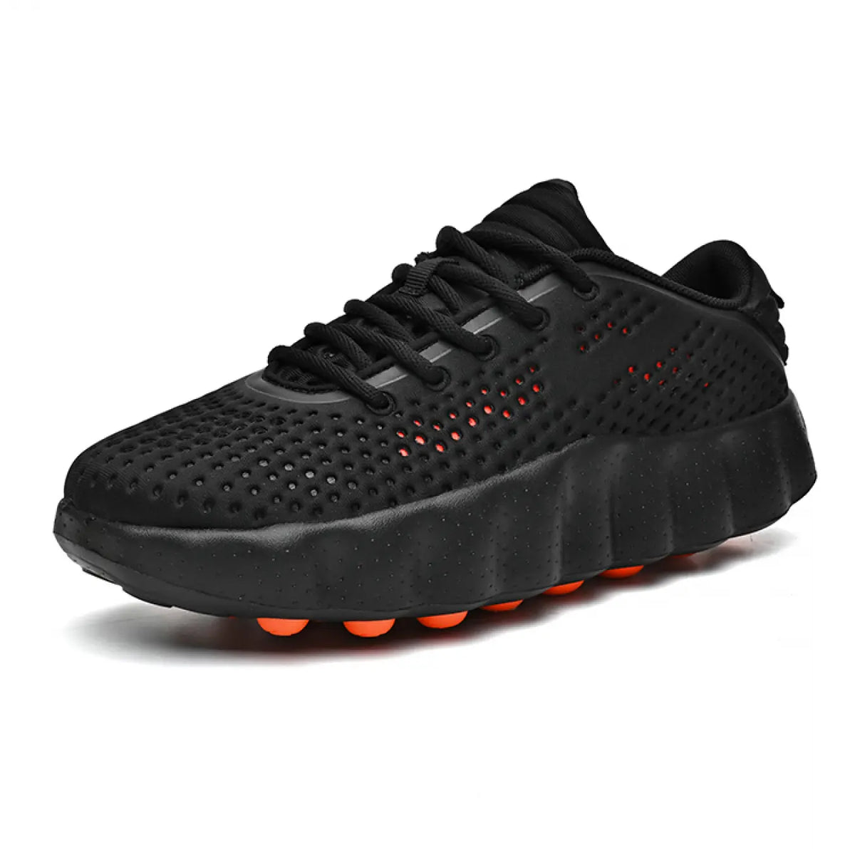Black Mesh Running Sneakers with Chunky Orange-Studded Sole