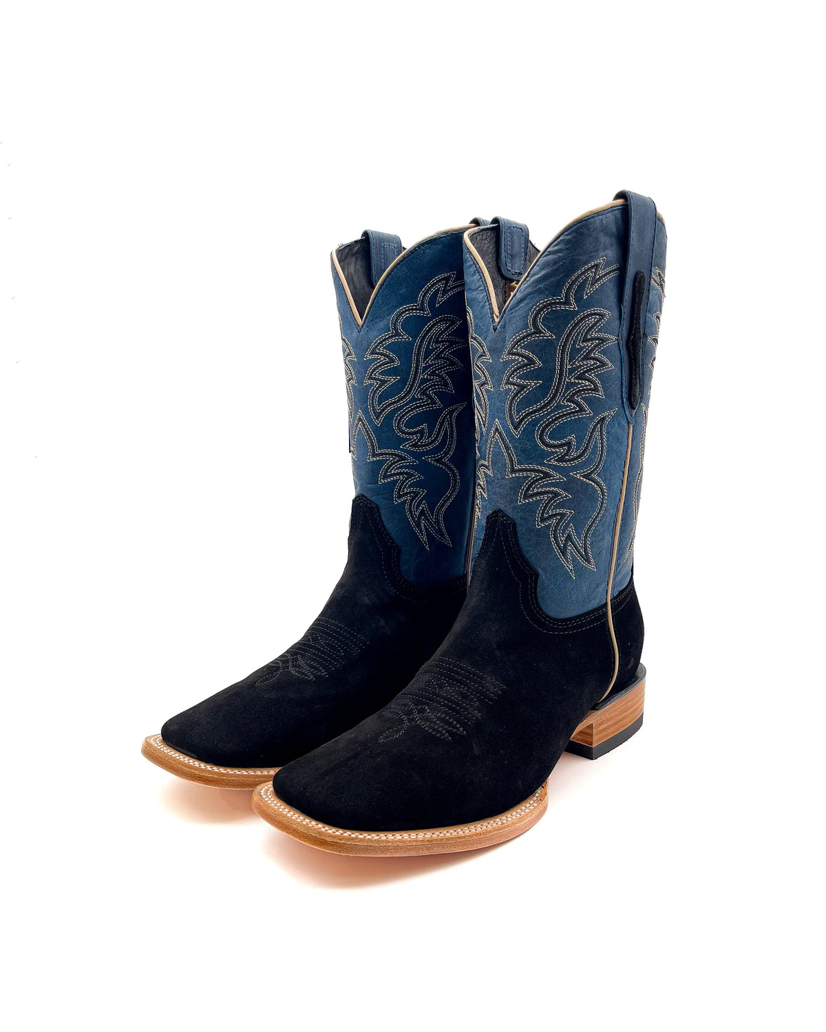 Black Suede Square Toe Boots with Blue Shafts