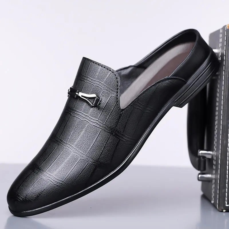 Black Textured Leather Backless Slip-On Loafers