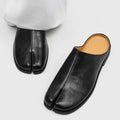 Black Leather-Look Split Toe Backless Mule Loafers