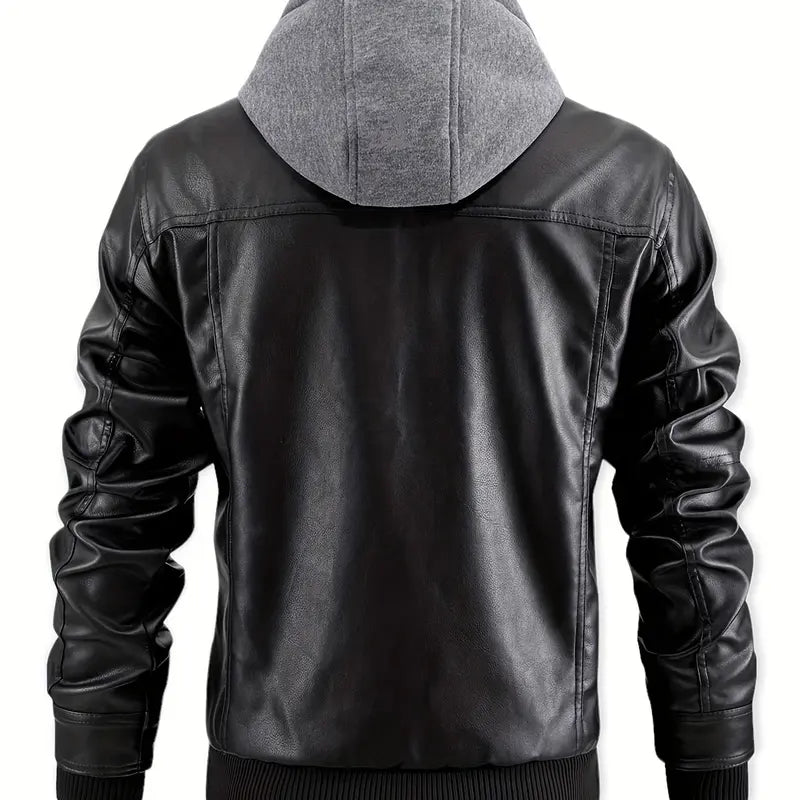 Black Faux Leather Jacket with Grey Hood