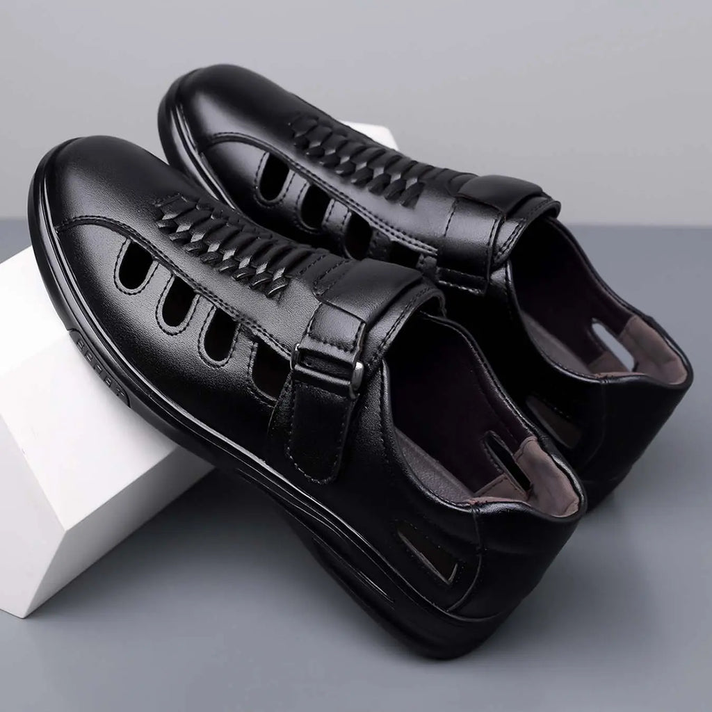 Black Leather Cut-Out Casual Shoes with Strap