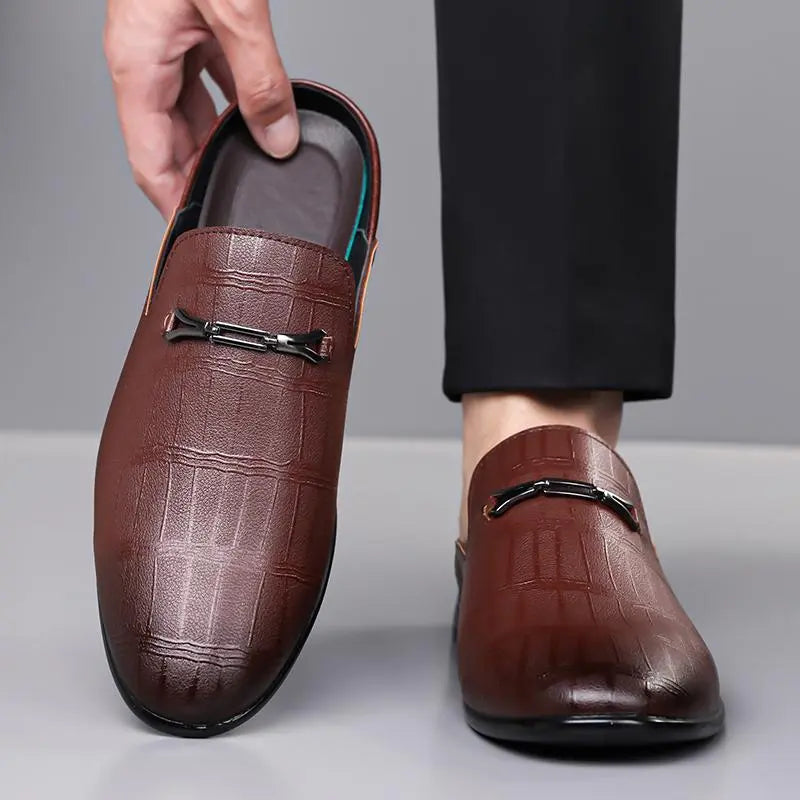 Black Textured Leather Backless Slip-On Loafers