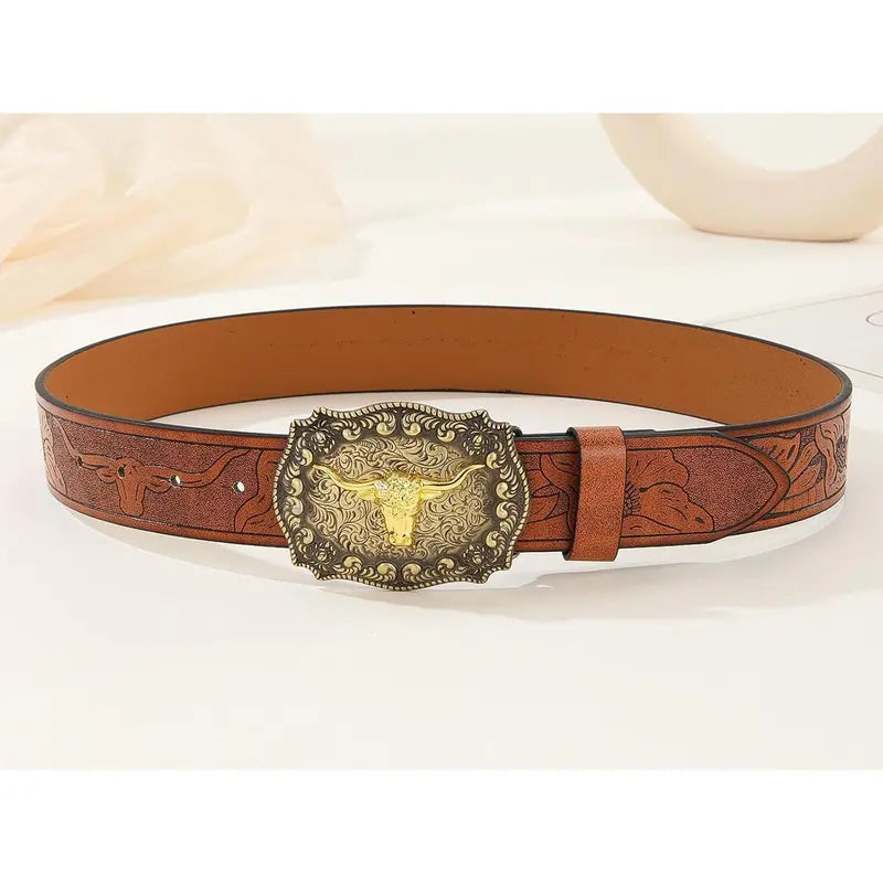 Tan Leather Belt with Embossed Floral Pattern