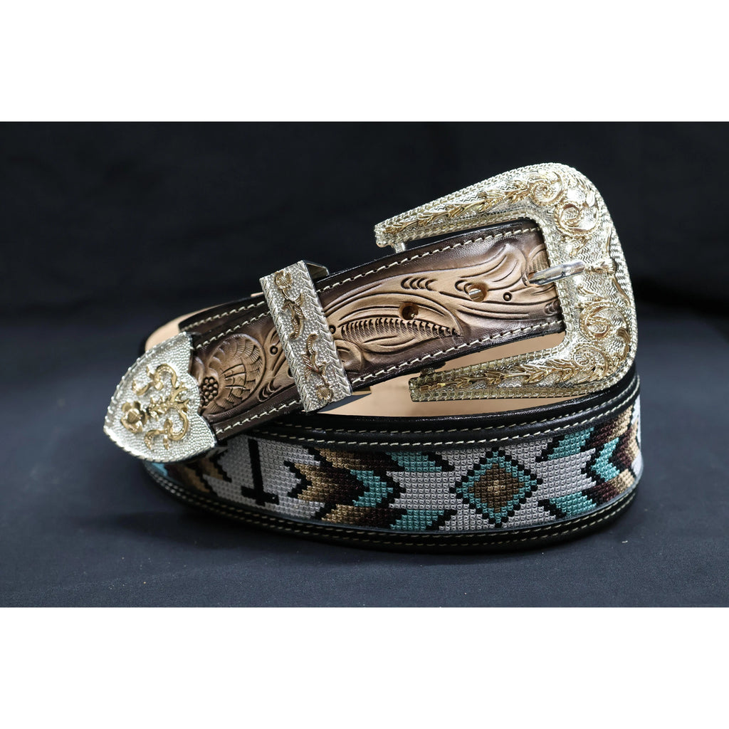 Black Leather Belt with Beaded Pattern Panel
