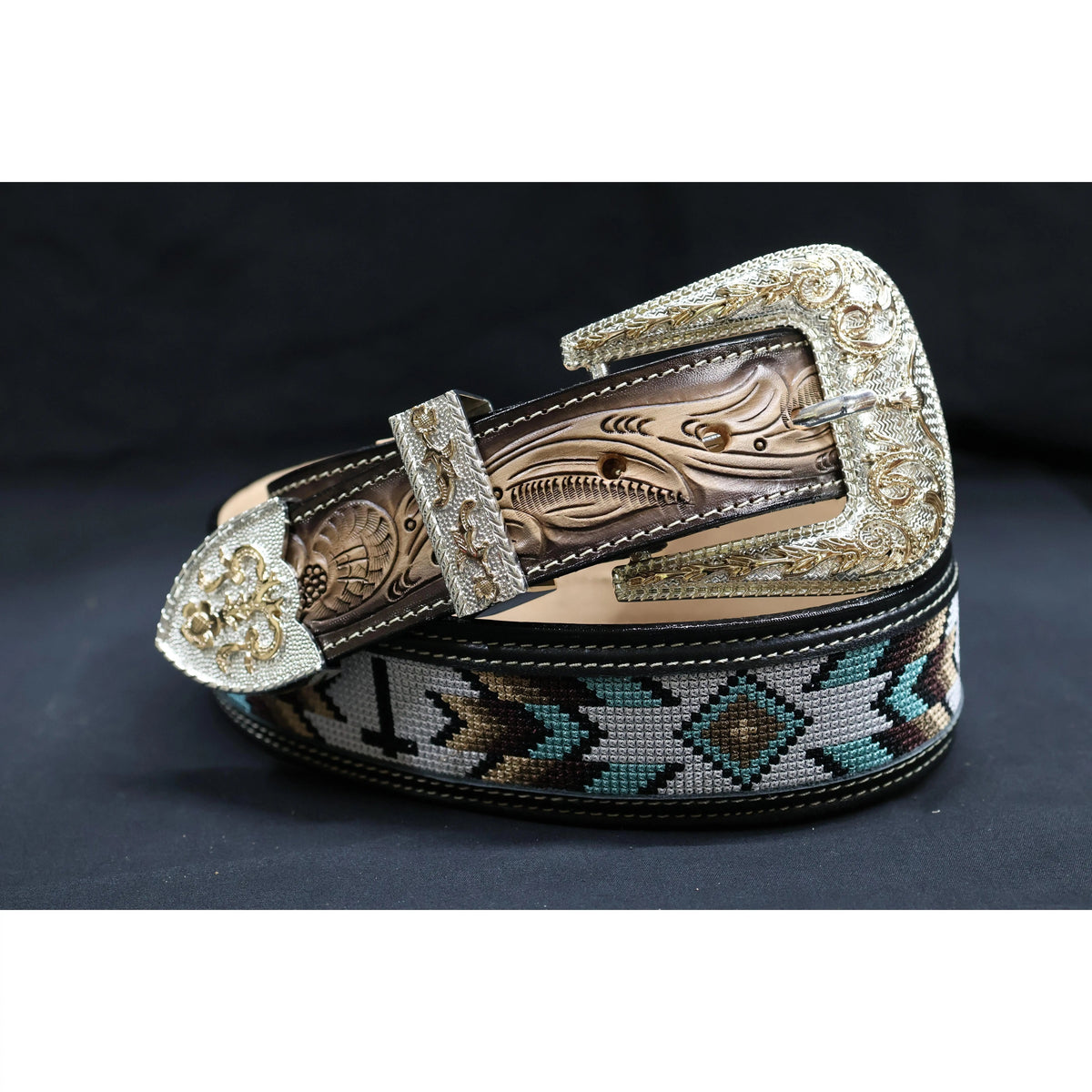 Black Leather Belt with Beaded Pattern Panel