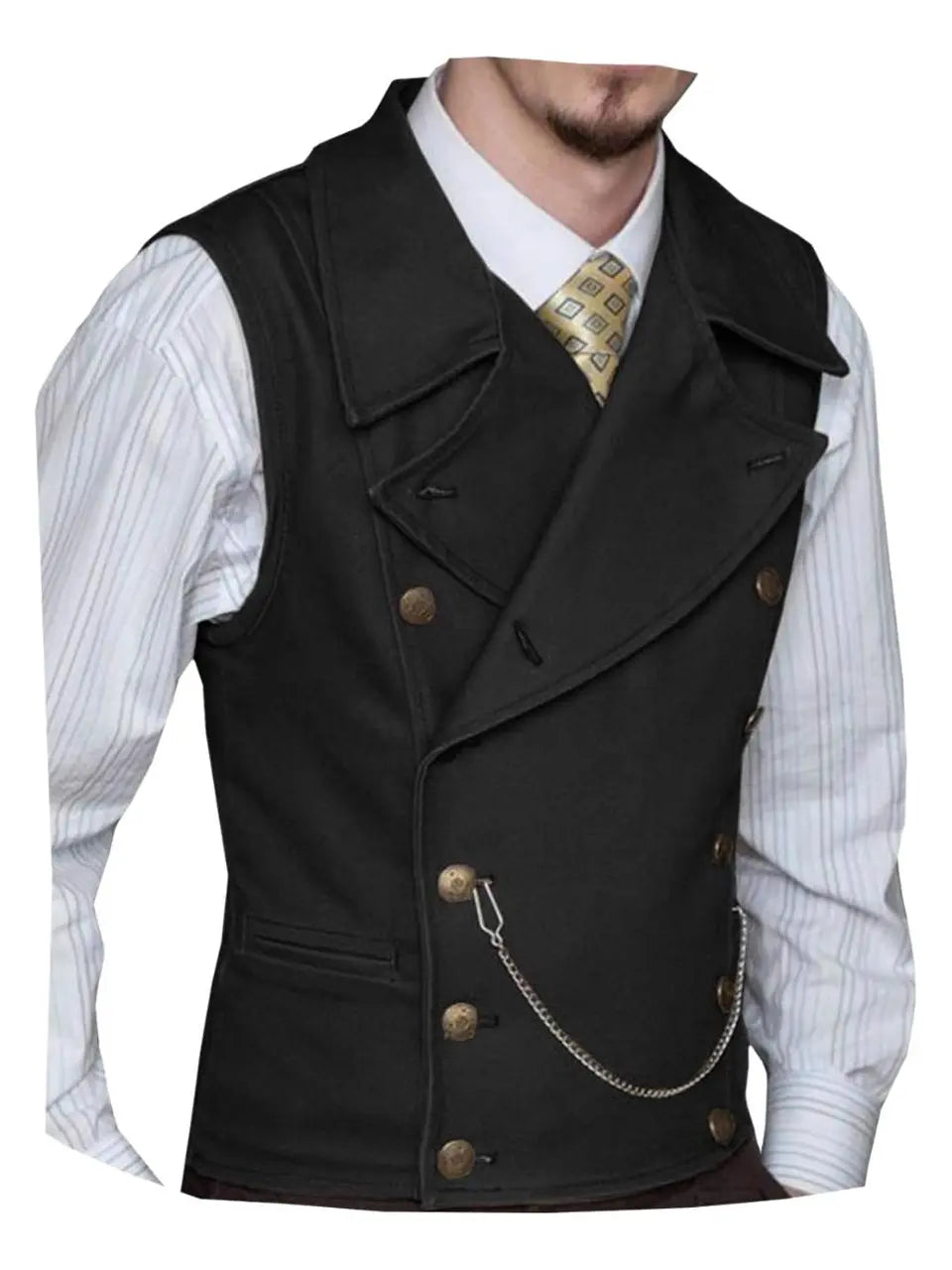 Black Double-Breasted Waistcoat With Chain