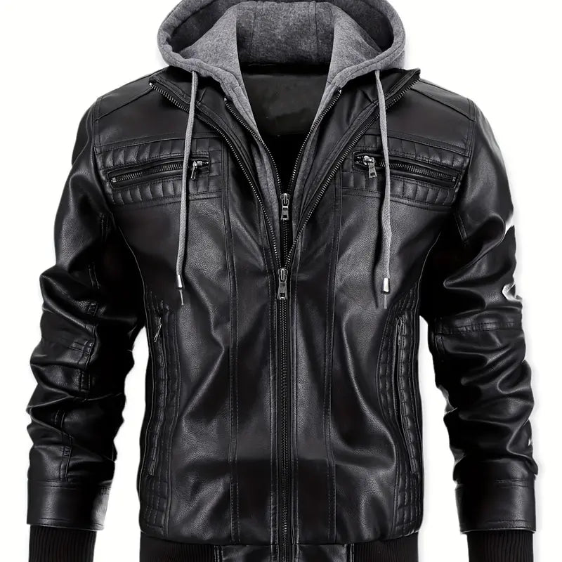 Black Faux Leather Jacket with Grey Hood