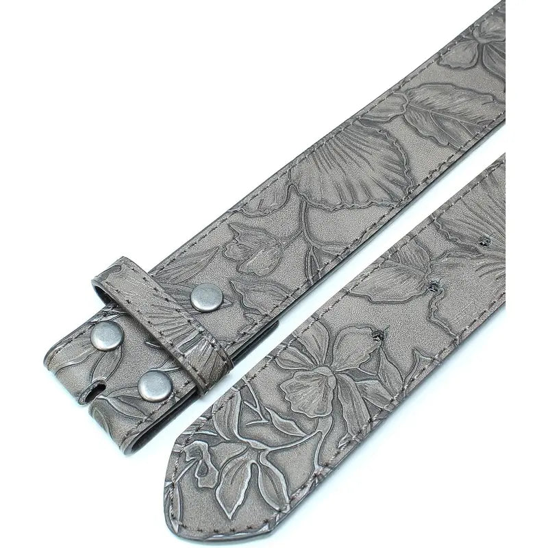 Brown Embossed Floral Leather Belt Strap