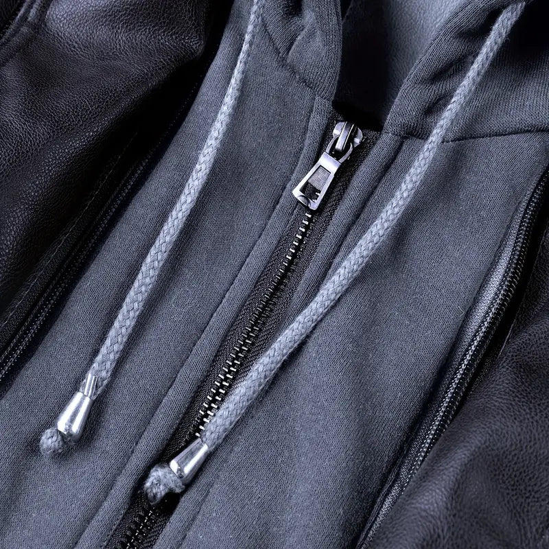 Black Faux Leather Jacket with Grey Hood