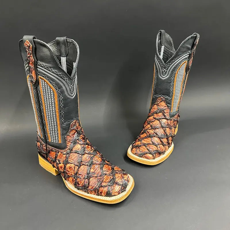 Leather Cowboy Boots with Scaled Cognac Vamp