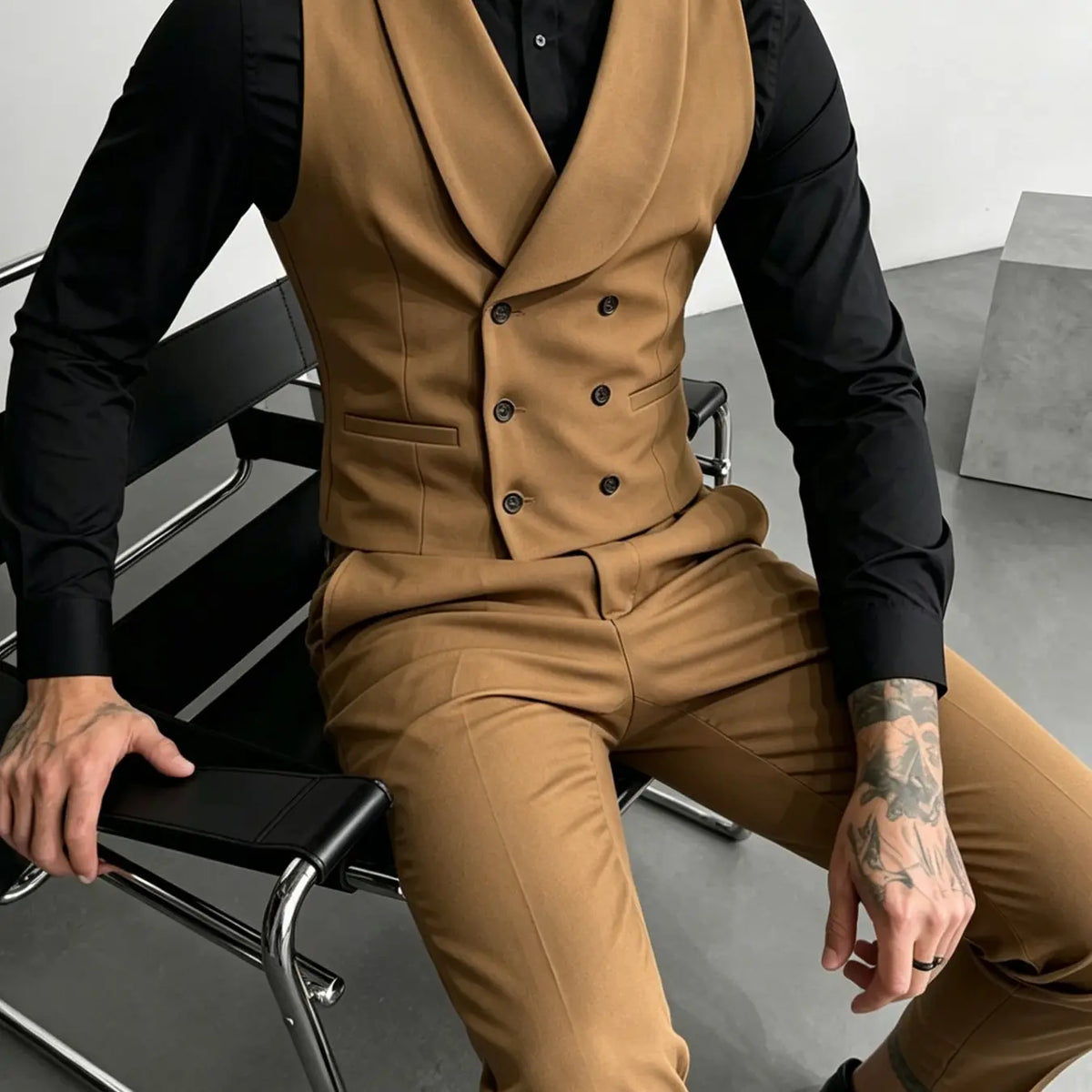 Camel Double-Breasted Waistcoat and Trouser Set
