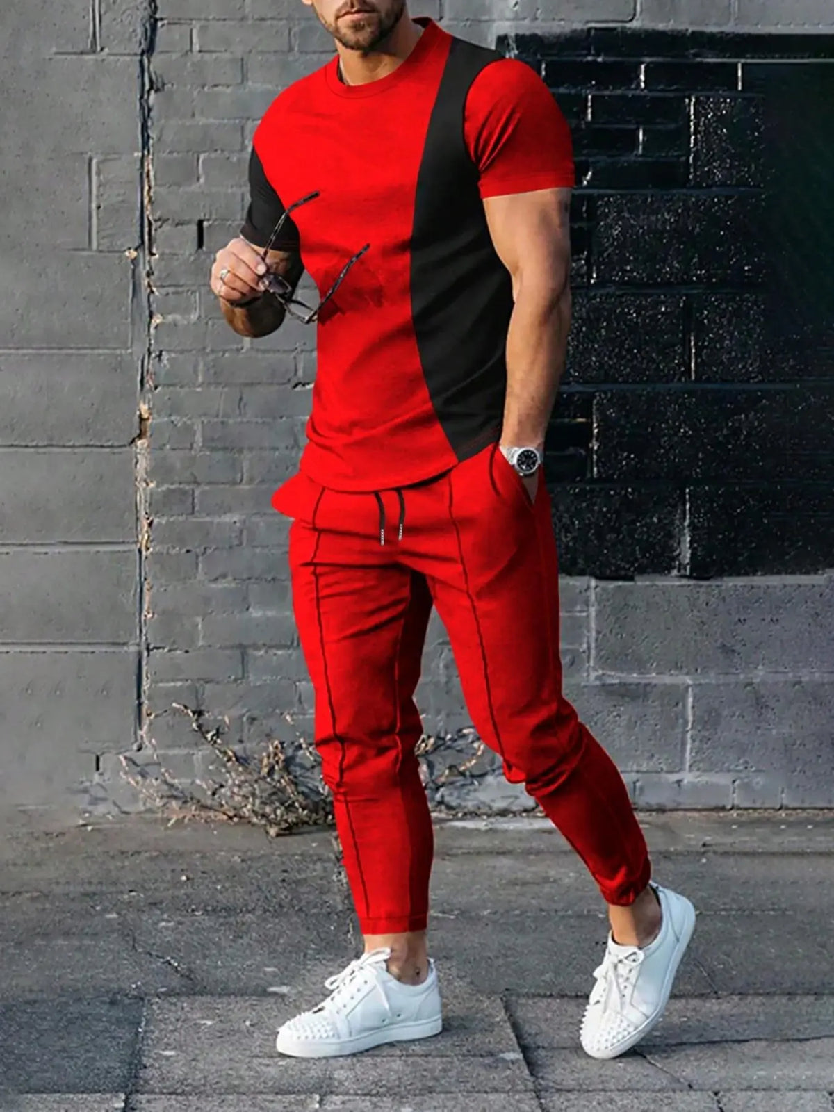 Men's Red Colorblock Tee and Jogger Set