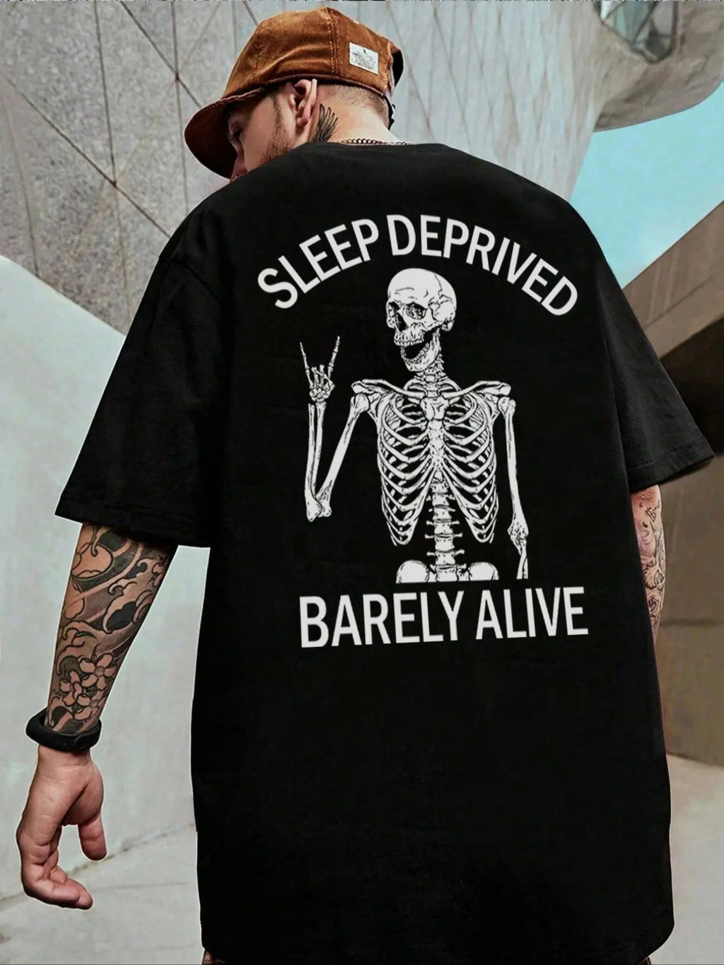 Black Oversized Tee with Skeleton Back Print