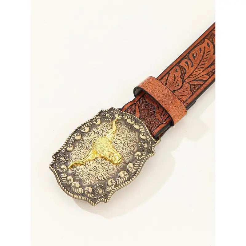 Tan Leather Belt with Embossed Floral Pattern
