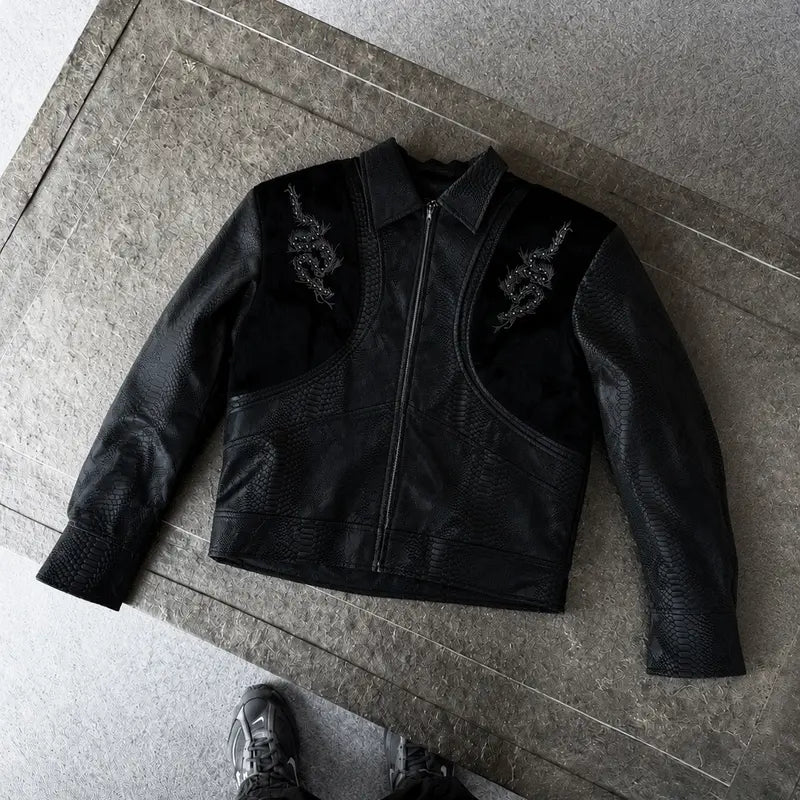 Black Textured Leather Look Biker Jacket