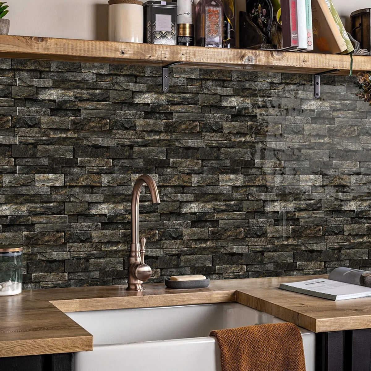 Dark Stacked Stone Look Wall Panels