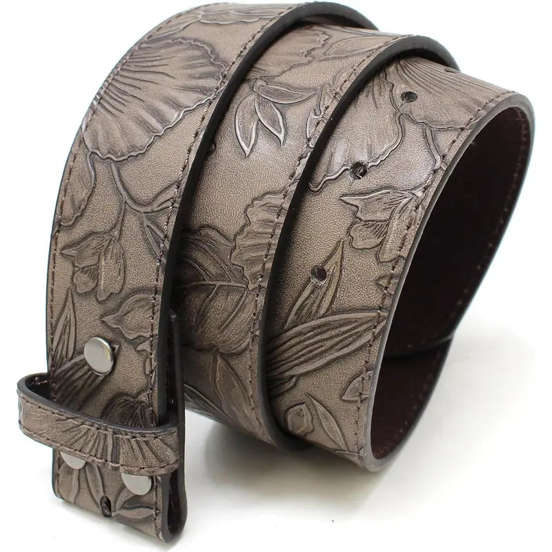 Brown Embossed Floral Leather Belt Strap