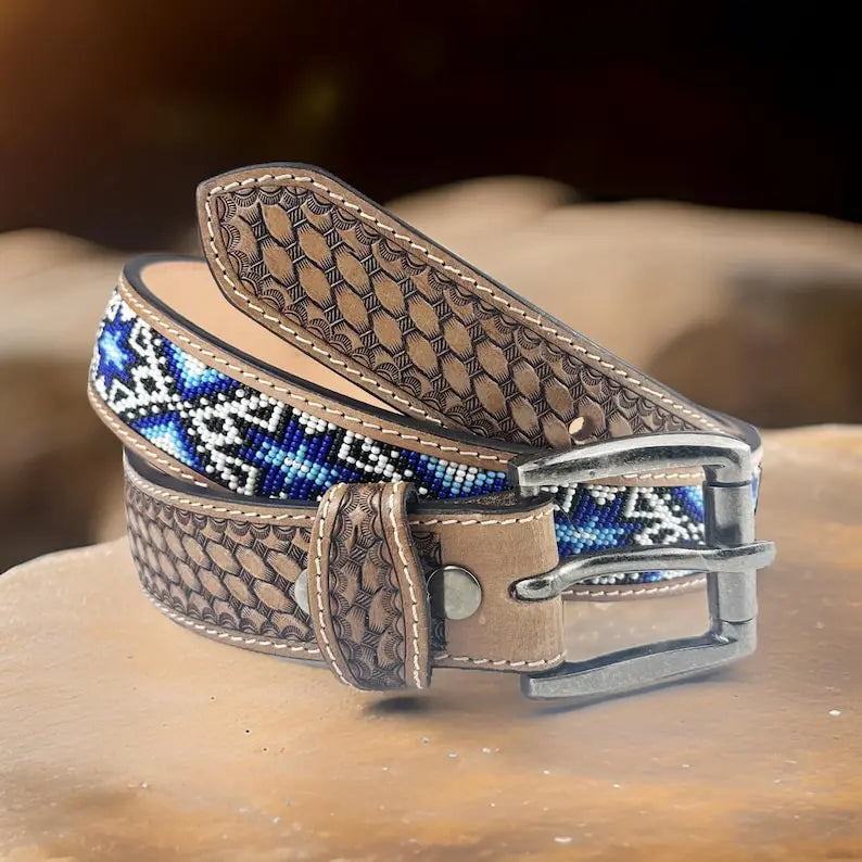Tooled Leather Belt With Blue and White Beaded Panel