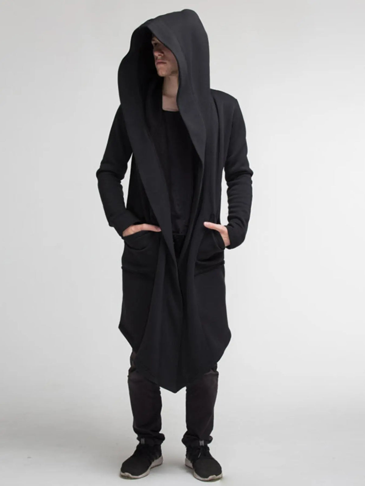 Black Open-Front Hooded Long Cape Coat