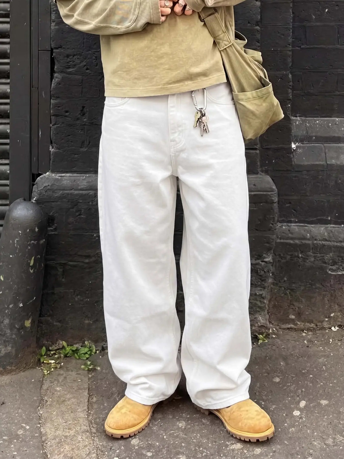 Men's White Loose Straight Leg Denim Pants