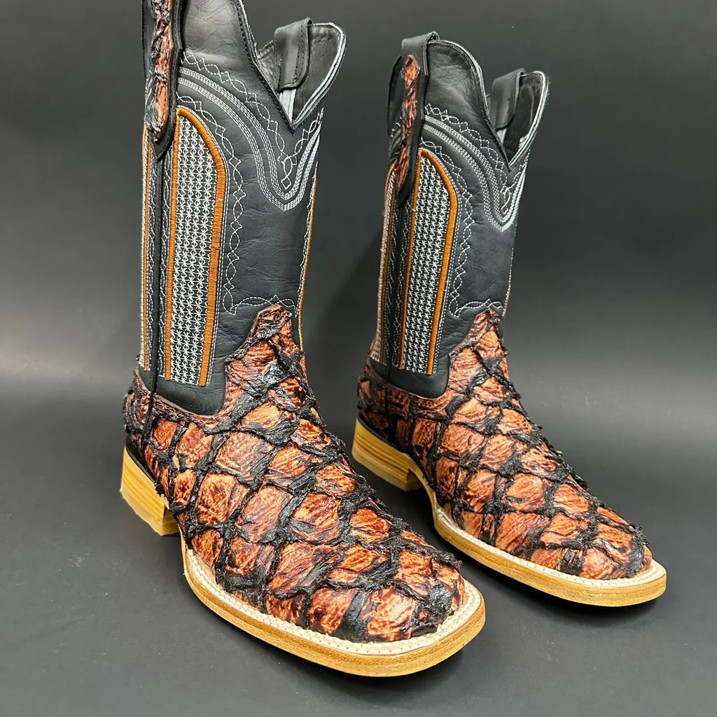 Leather Cowboy Boots with Scaled Cognac Vamp