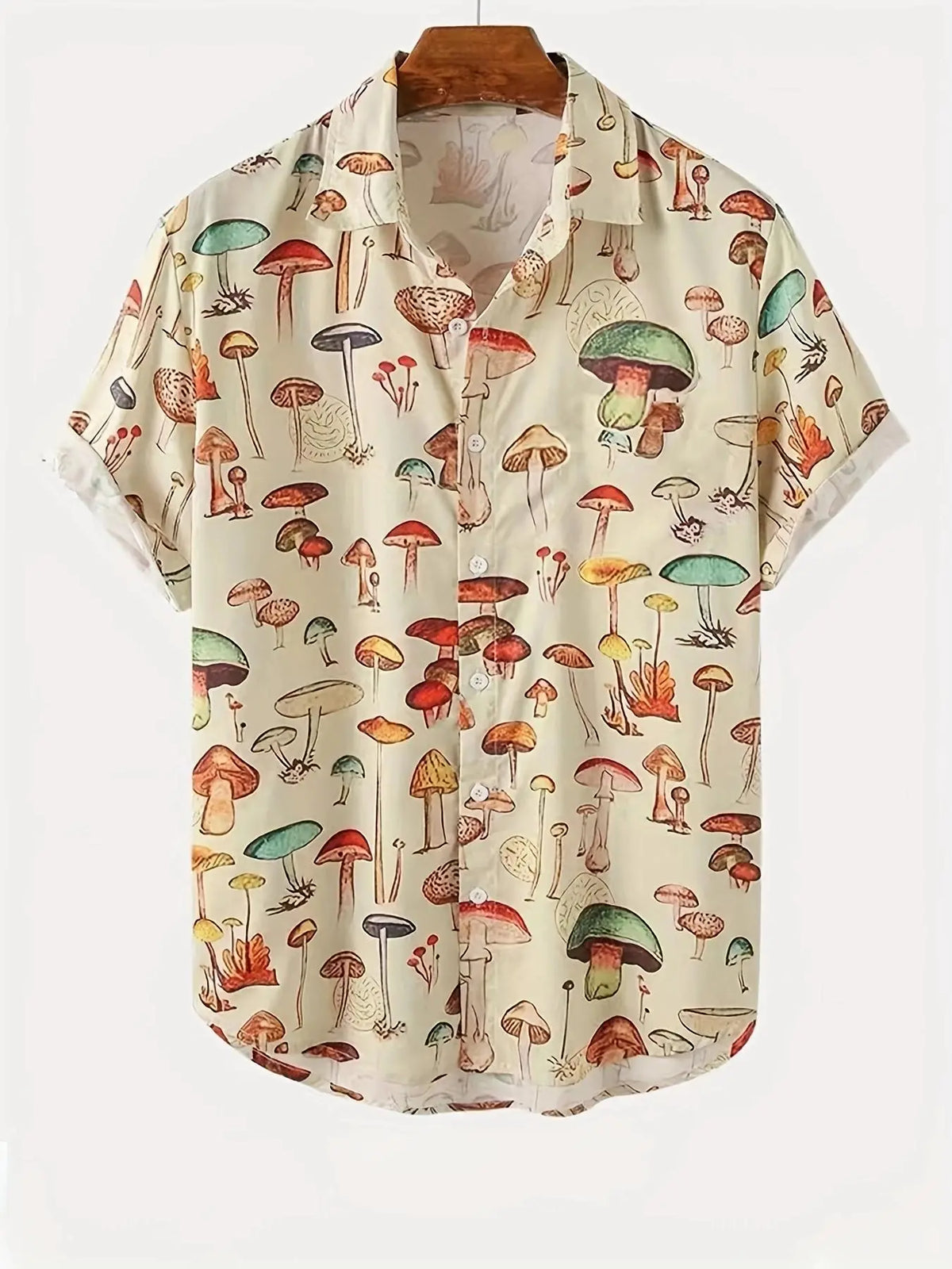 Men's Cream Mushroom Print Short Sleeve Shirt