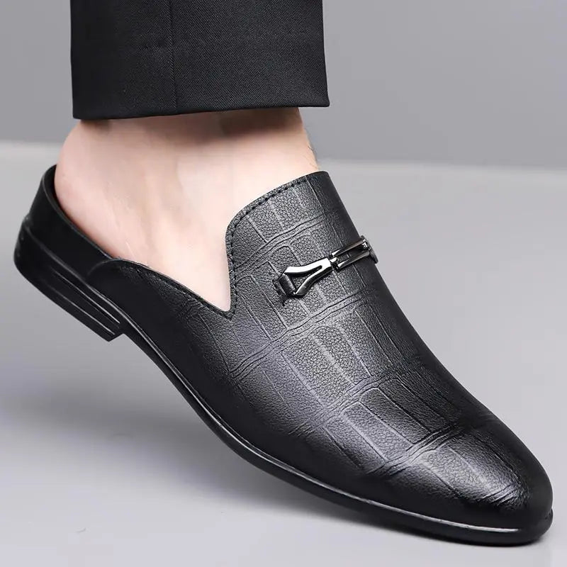 Black Textured Leather Backless Slip-On Loafers