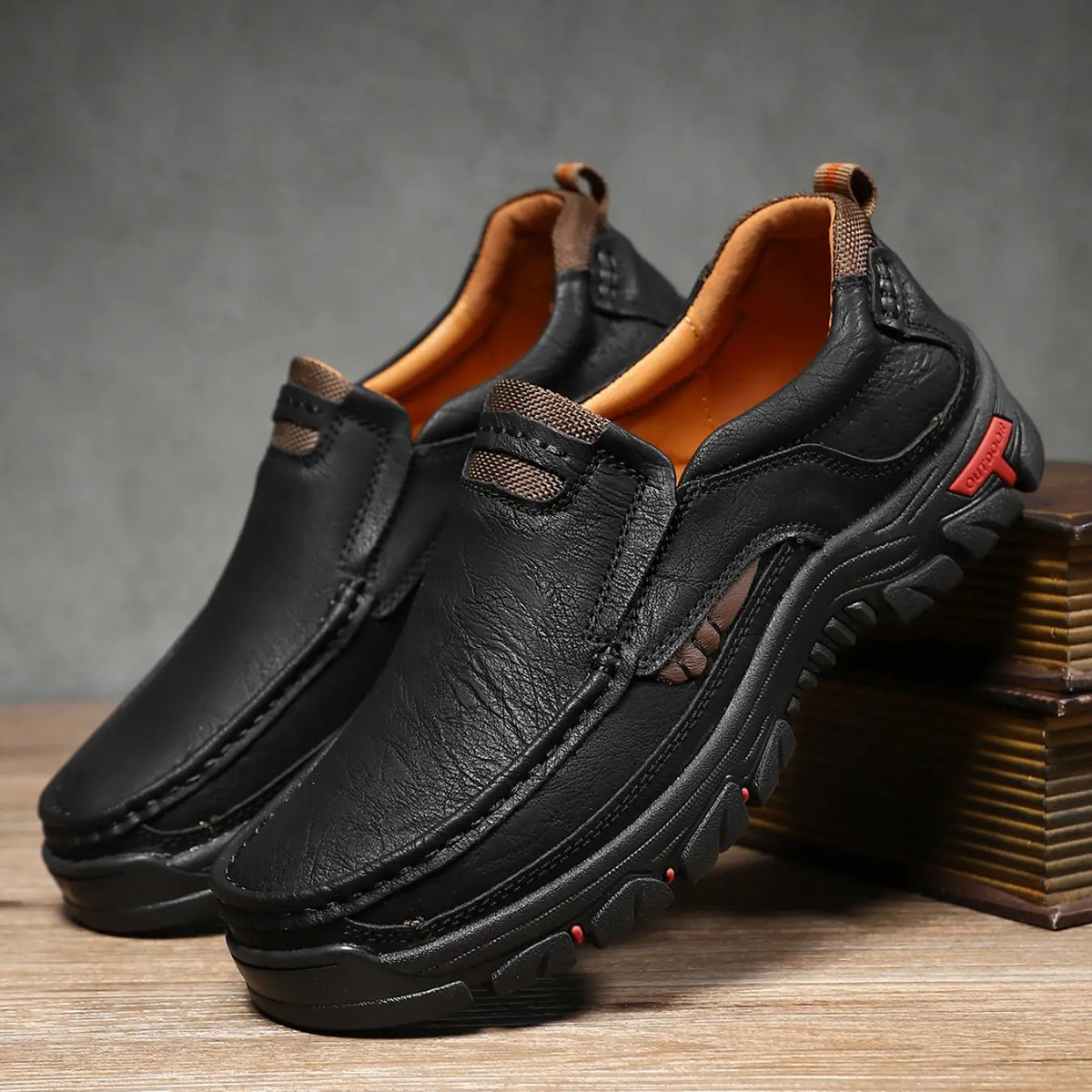 Brown Leather Slip-On Shoes with Thick Rugged Sole