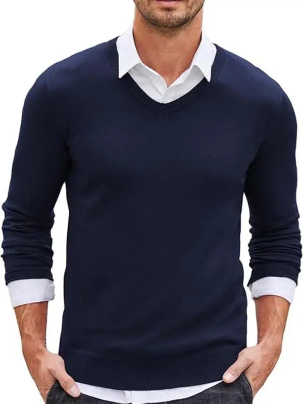 Navy V-Neck Knit Pullover Sweater