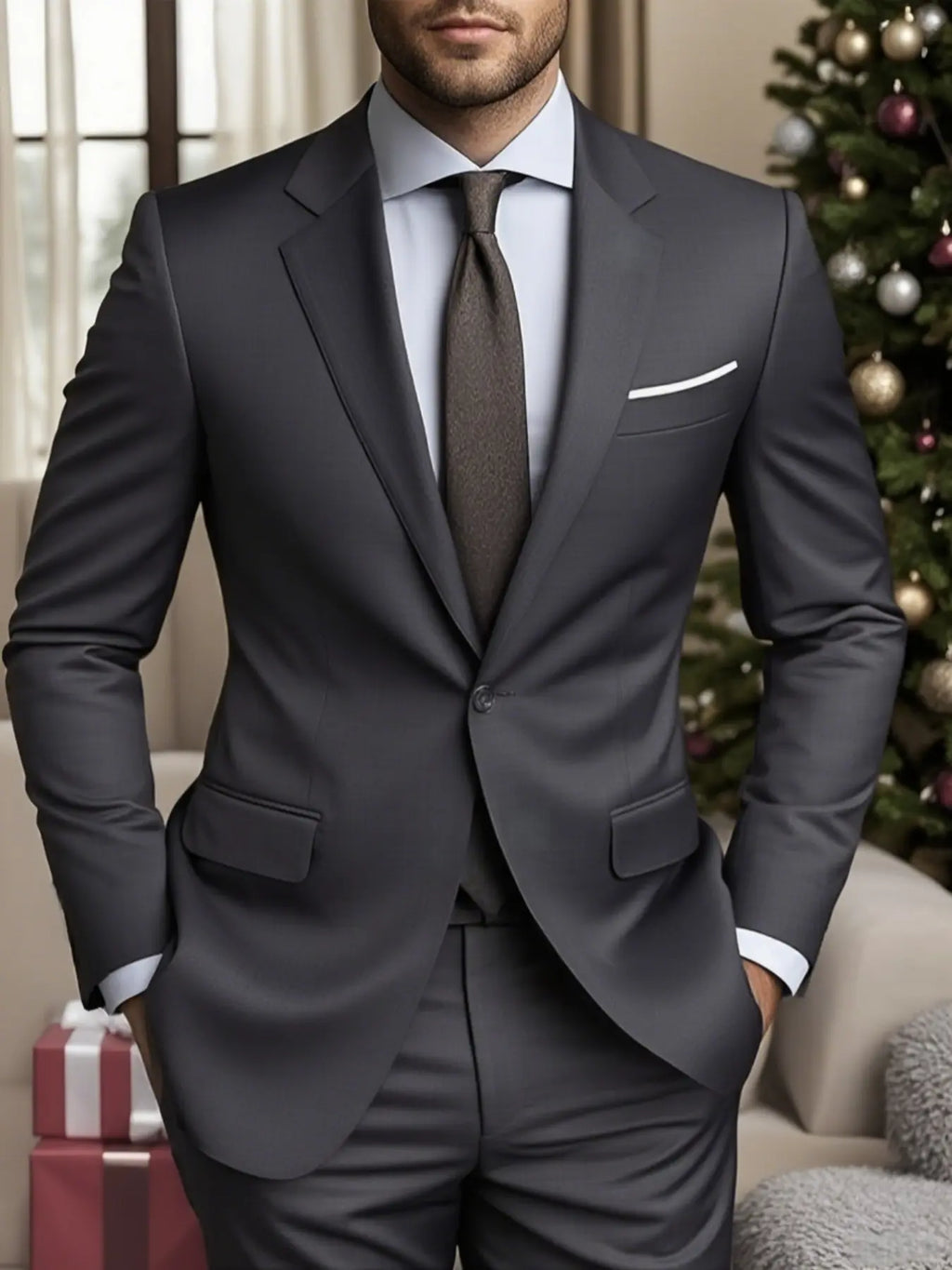 Men's Charcoal Grey Single-Button Suit Jacket